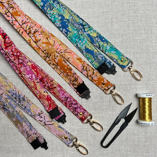 Turquoise Blossoms Japanese Fabric Lanyard with Safety Breakaway Clasp