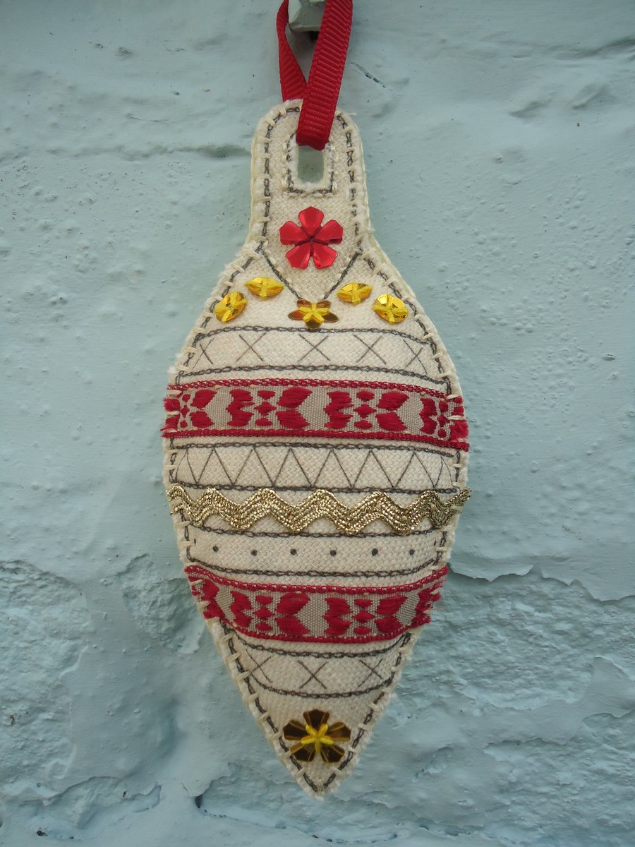 Linen Teardrop Bauble, Red and Gold