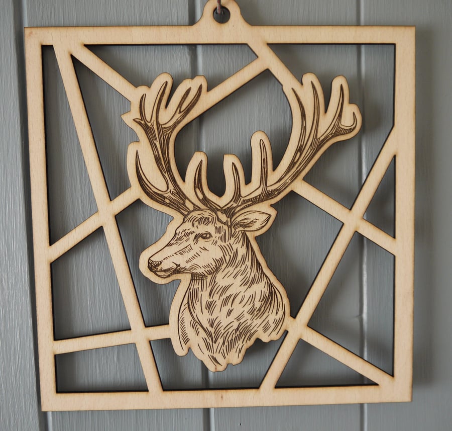wooden Laser Cut Highland stag Image Hanging Decorative Wall Art Plaque