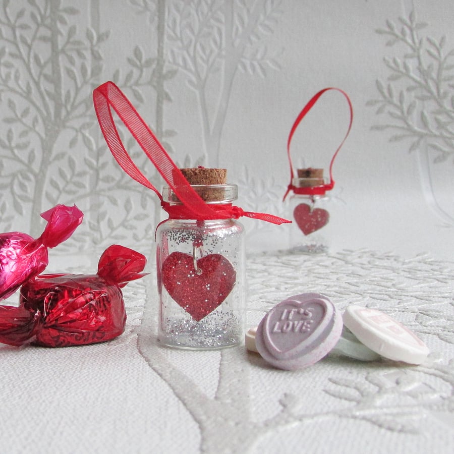Valentine Love Heart Bottle, Red Glitter Hanging Bottle