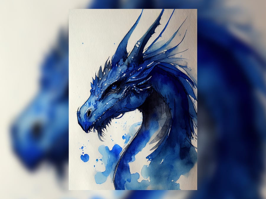 "Blue Dragon, Watercolor Painting Print, Fantasy-themed Art 5"x7"