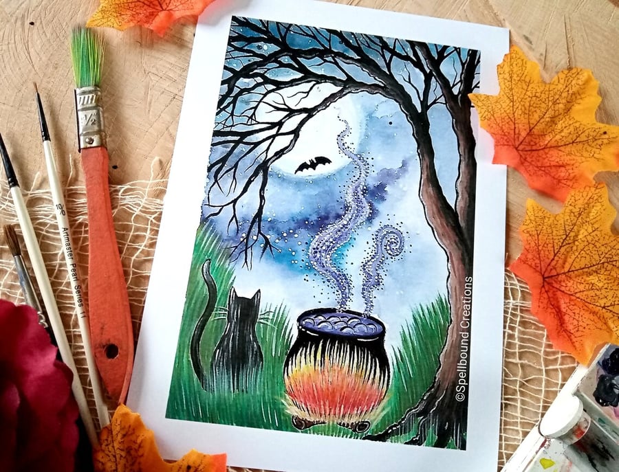 Witches Wood, Black Cat, Quality A5 Print, Original Artwork By Delilah Jones, 