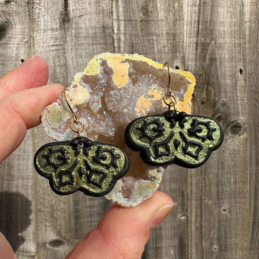 Boho Moth Earrings Polymer Clay Gold Plated Hook Dangle Green Yellow
