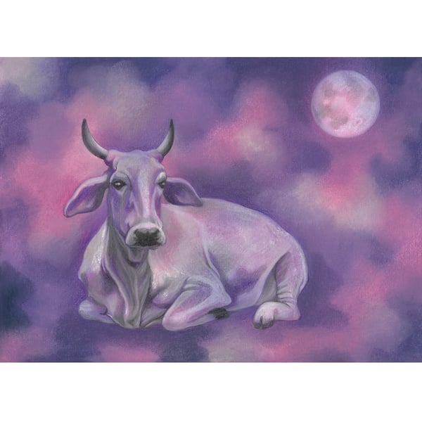 Cow Art Greeting card - 'Spirit of India' - Indian Cow Art card, full moon art