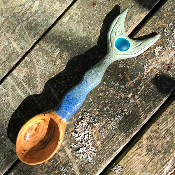 Mermaid Serving Spoon with Blue-Green Carved Design & Lucite Cabochon