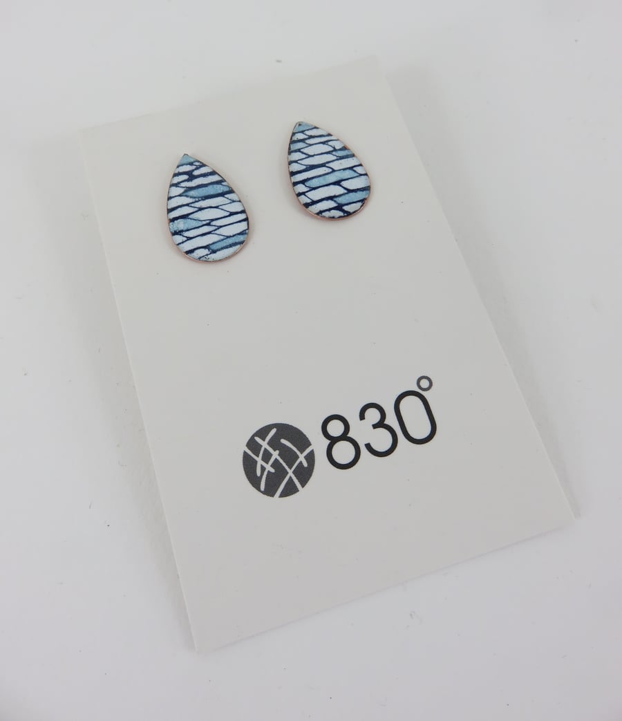 Teardrop Shaped Studs in Blue and White Enamel with a Hand Drawn Pattern