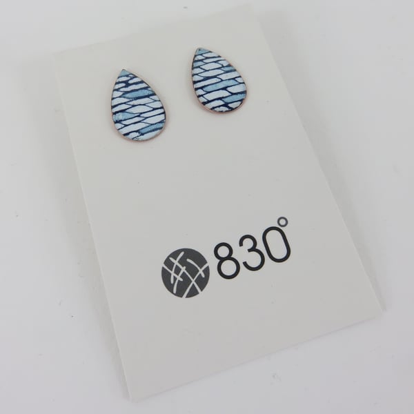 Teardrop Shaped Studs in Blue and White Enamel with a Hand Drawn Pattern