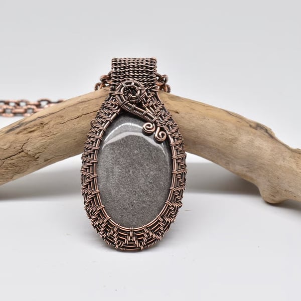 Wire Woven Silver Sheen Obsidian and Copper Gothic Pendant