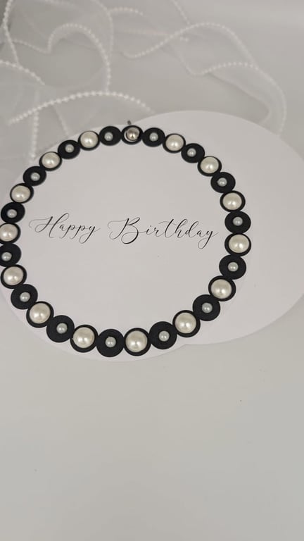 Handmade Round Happy Birthday Card with White Envelope, Elegant Pearl Wreath Lux