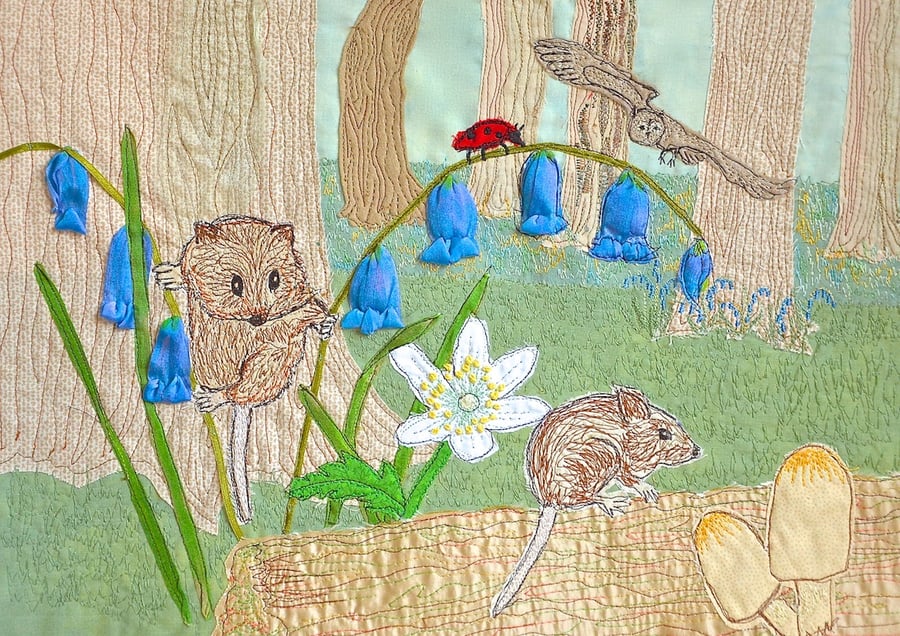 Woodland Mouse print - picture of a woodland mouse climbing bluebells with owl