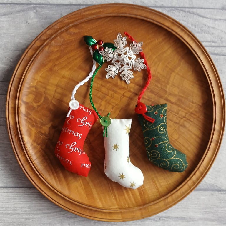 Set of 3 Mini Stocking Christmas Tree Decorations, Scrapbox Stockings