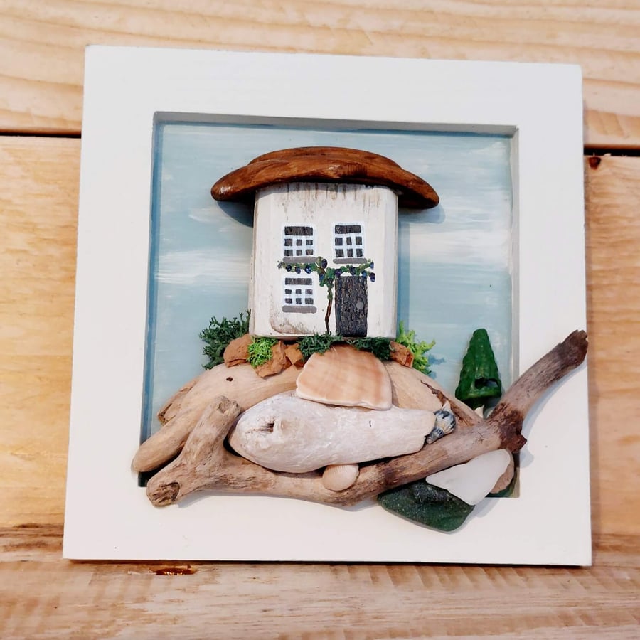 Driftwood Miniature House Art with Sea Glass & Driftwood