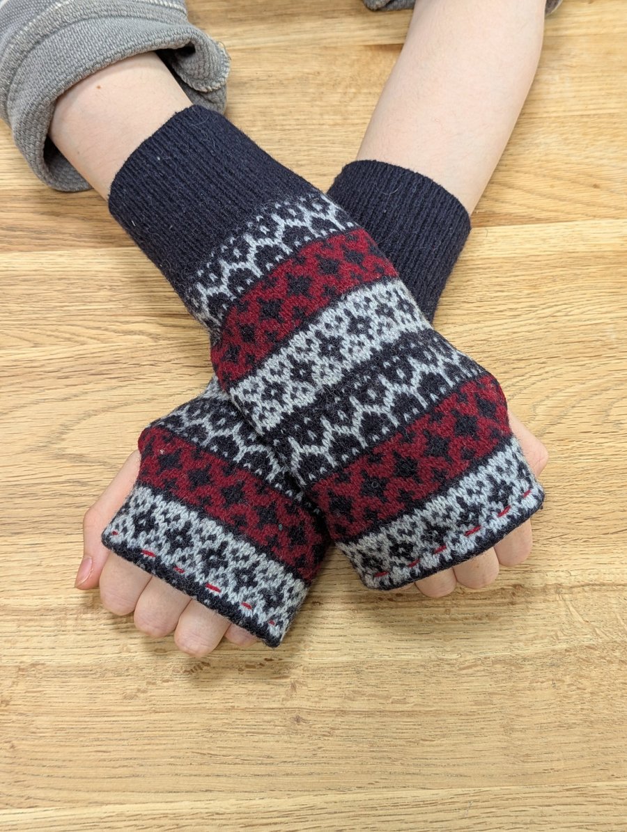 Patterned Navy Red Wool Wrist Warmers Upcycled from recycled knitwear 