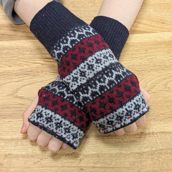 Patterned Navy Red Wool Wrist Warmers Upcycled from recycled knitwear 