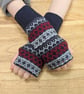 Patterned Navy Red Wool Wrist Warmers Upcycled from recycled knitwear 