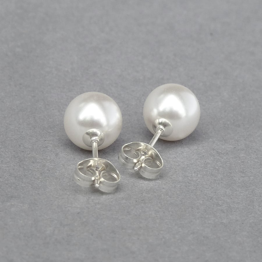 8mm White Glass Pearl Stud Earrings - Simple Round White Pearl Studs - Bridal