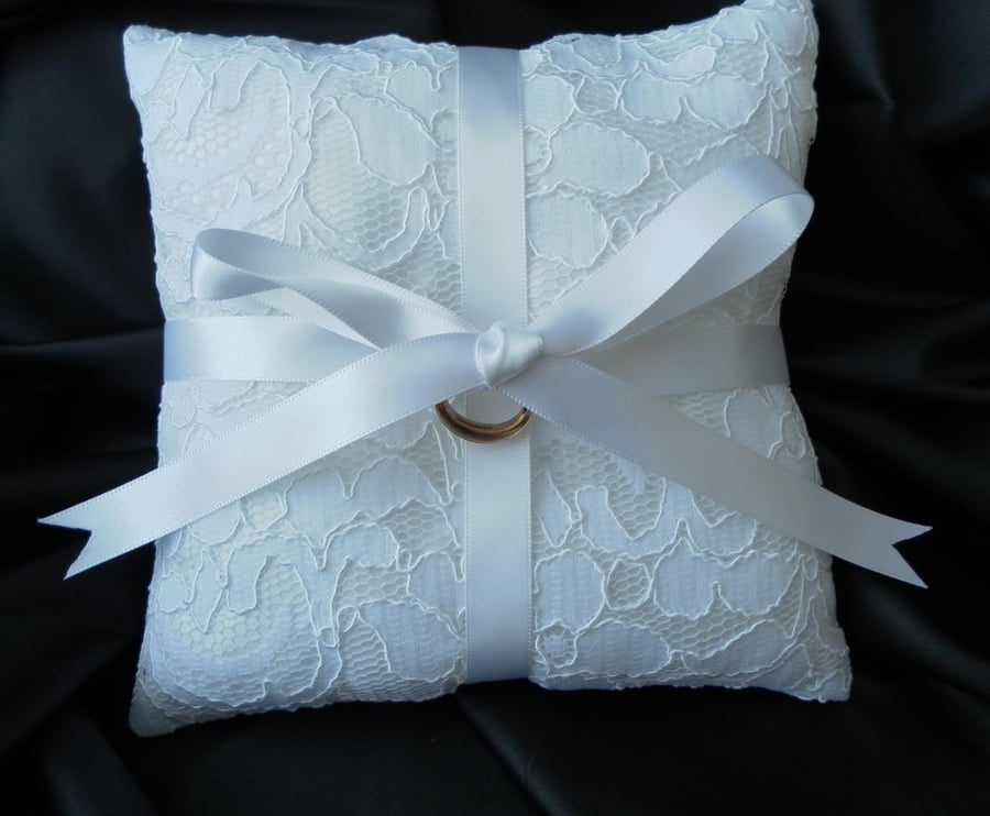 Wedding Ring Bearer Pillow, Cushion, White Lace, White Ribbon