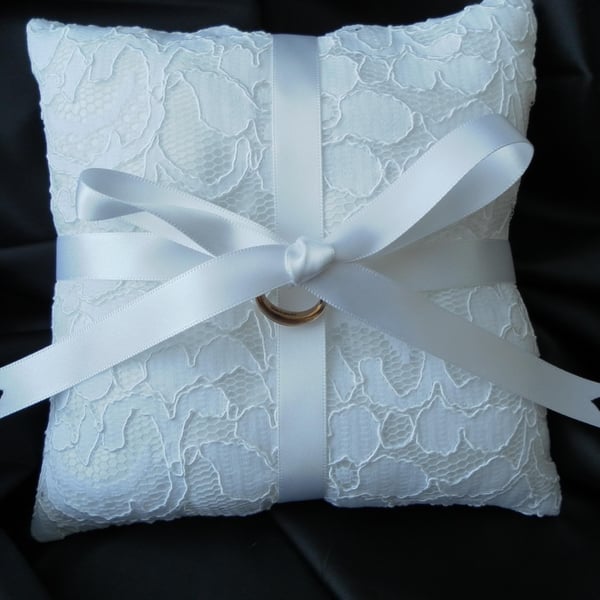Wedding Ring Bearer Pillow, Cushion, White Lace, White Ribbon