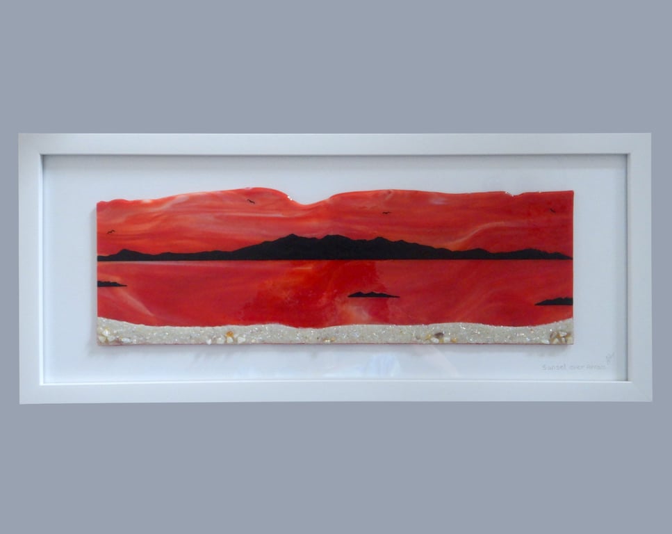 Handmade Fused Glass 'Sunset over Isle of Arran' Picture