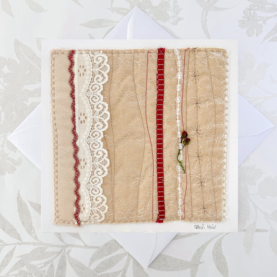 Wedding anniversary or Valentines day card - luxury embroidered rose embroidery