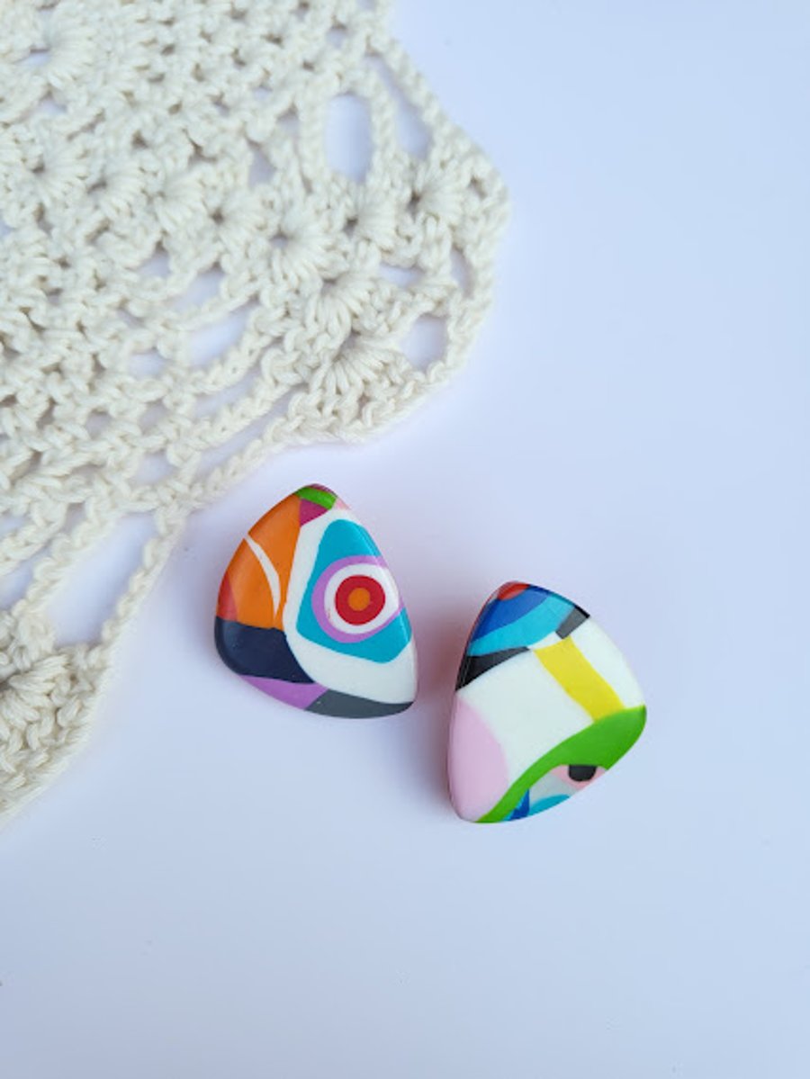 Handmade Playful Polymer Clay Earrings -  Modern Abstract Duo Stud Earrings