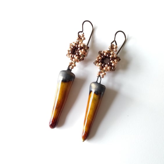 Autumn Bronze Ceramic and Beaded Drop Earrings