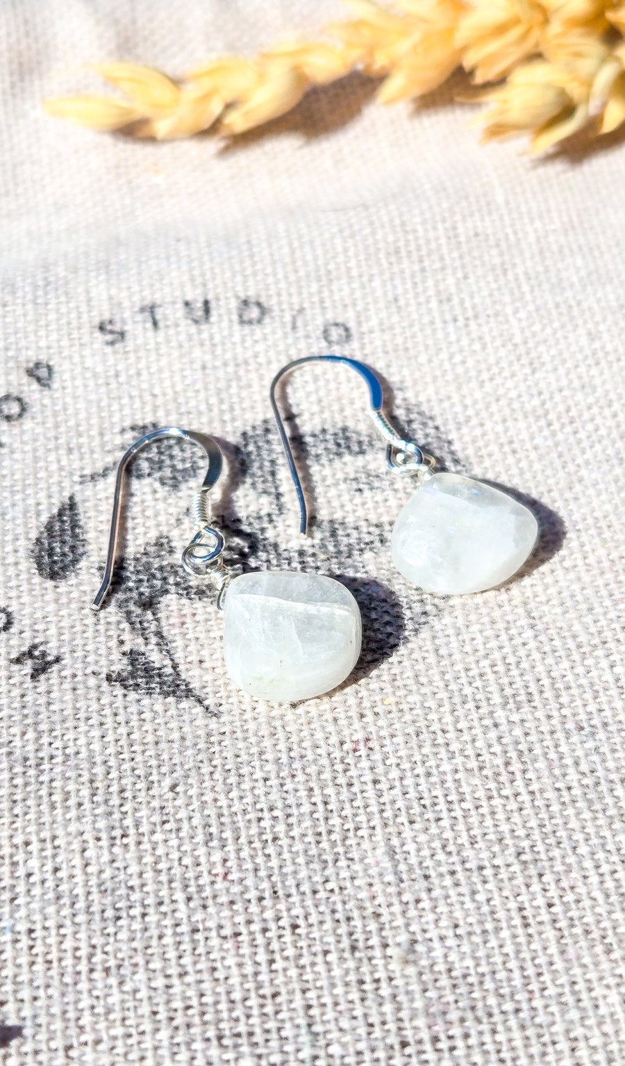 Rainbow Moonstone Earrings - Recycled Sterling Silver, March Birthstone