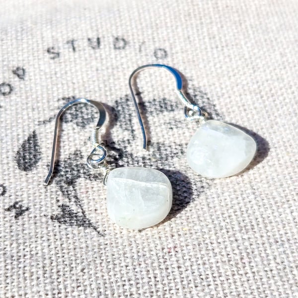 Rainbow Moonstone Earrings - Recycled Sterling Silver, March Birthstone