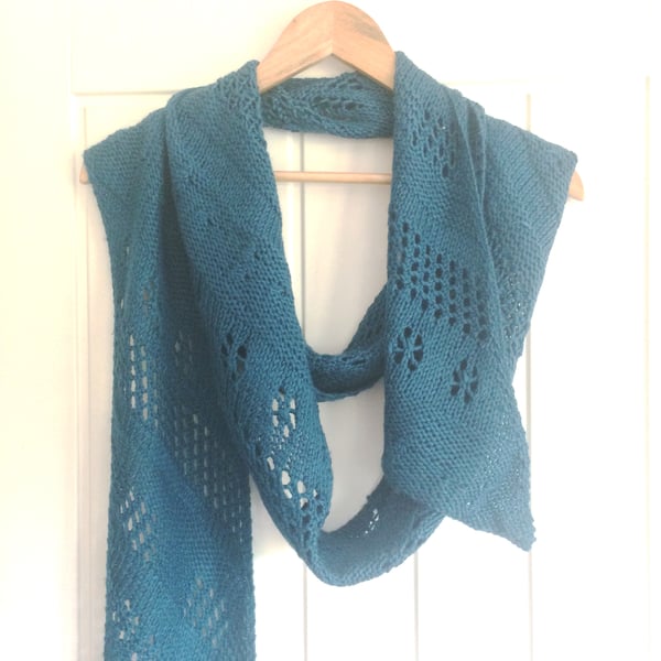 Long teal lace wool & silk scarf