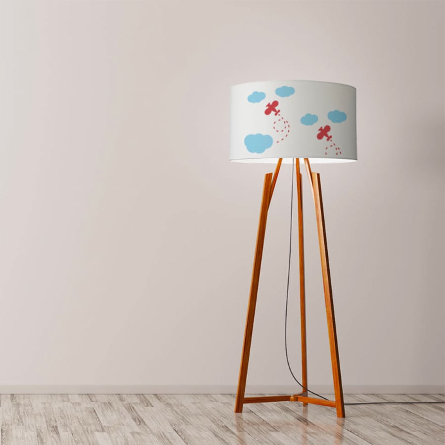 Plane and Clouds Drum Lamp Shade. Diameter 45 cm (17.7 in). Hand-painted