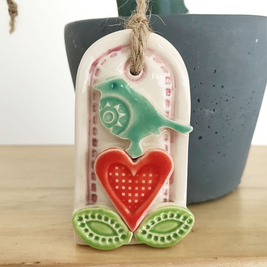 Seconds sale Small decorative pottery gift tag with flower and bird