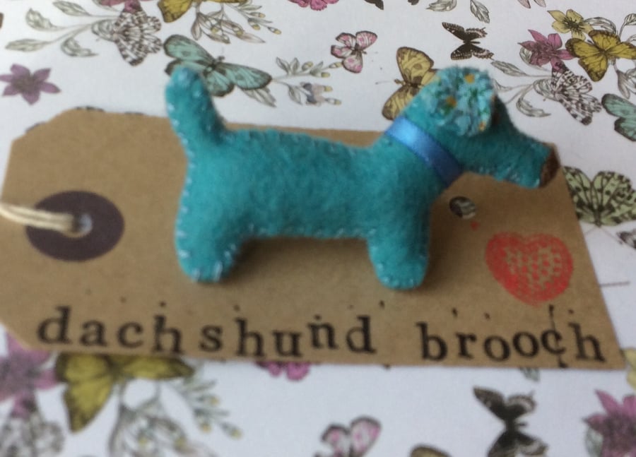 Turquoise Felt Dachshund Sausage Dog Brooch