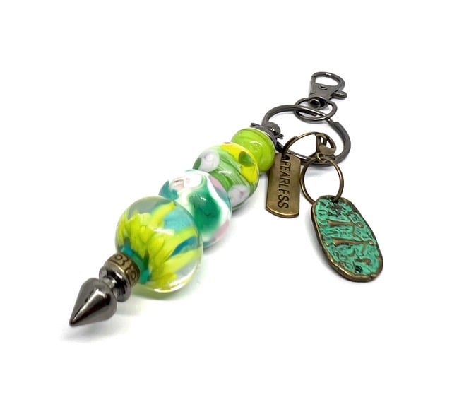 Handmade Lamp-work Glass Bead Bag Charm Keyring with added Charms Unique Gift 