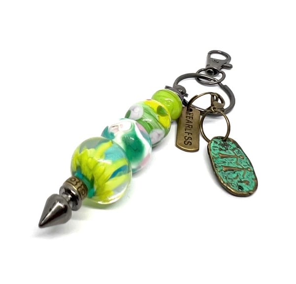 Handmade Lamp-work Glass Bead Bag Charm Keyring with added Charms Unique Gift 