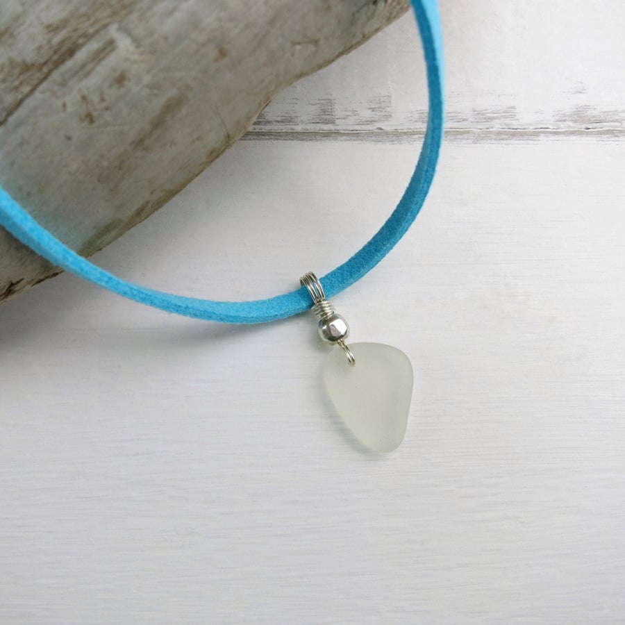 White Cornish Sea Glass Pendant on a Turquoise Faux Suede Necklace
