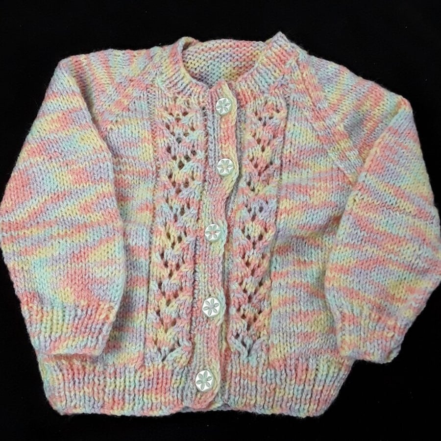 Hand knitted pastel multicoloured baby girl cardigan 6 - 12 months