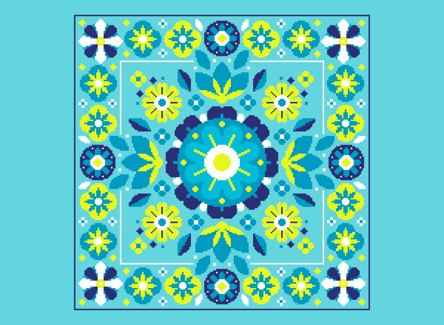 044A - Cross stitch pattern Neon blue geometric linear flower bouquet Mandalla