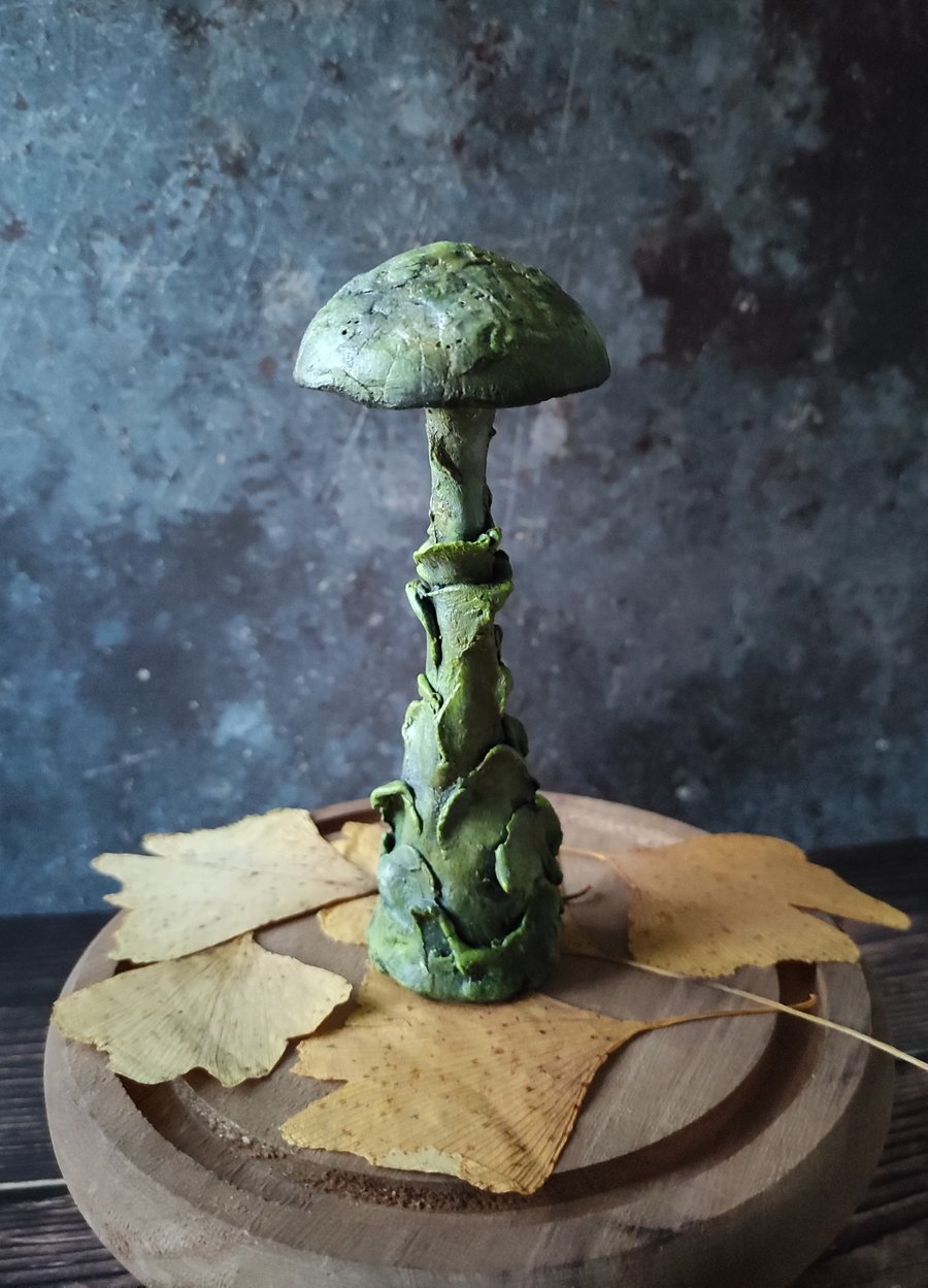 Moss Green Mushroom Sculpture, Handmade Clay Fungi Art