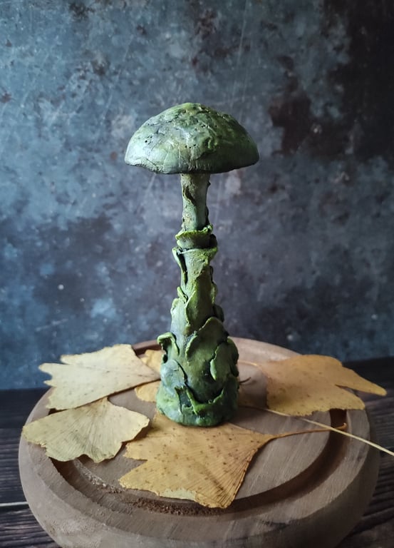 Moss Green Mushroom Sculpture, Handmade Clay Fungi Art