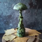 Moss Green Mushroom Sculpture, Handmade Clay Fungi Art