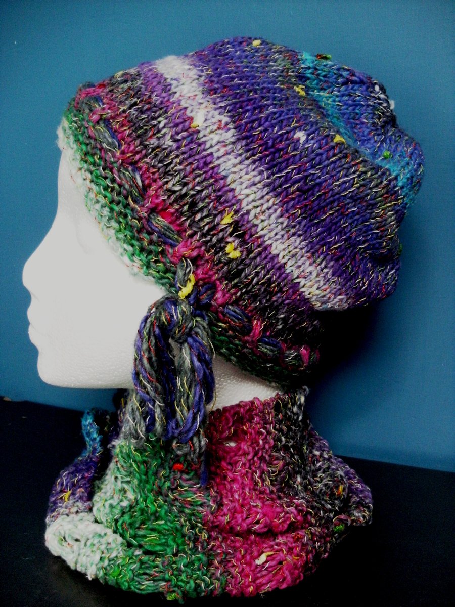 Handknit Noro Hat & Cowl Set. Cotton Silk Wool in Pink, Blue, Green, Purple