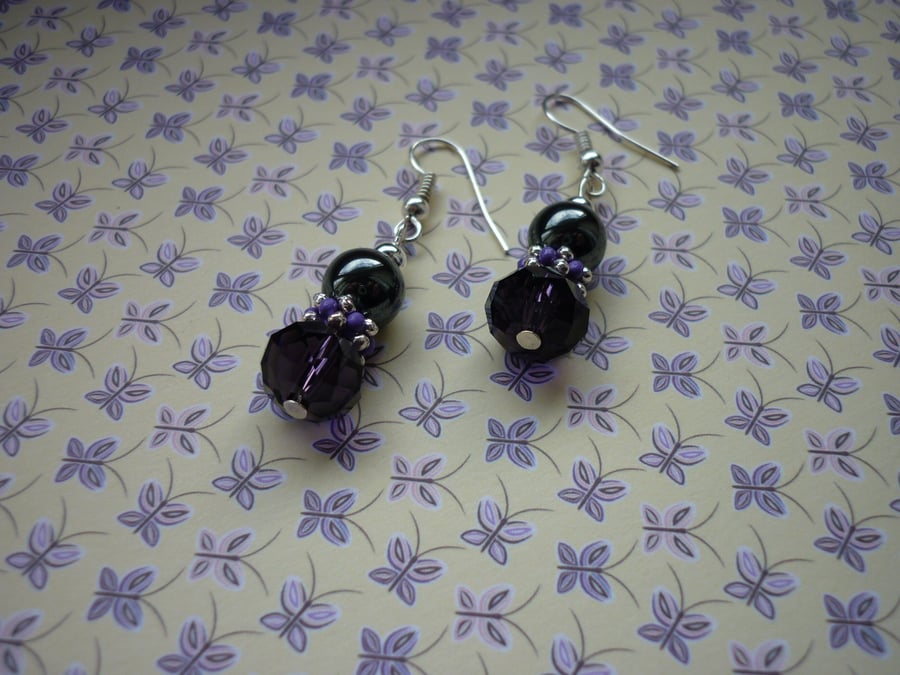 PURPLE, HEMATITE AND SILVER EARRINGS.  998