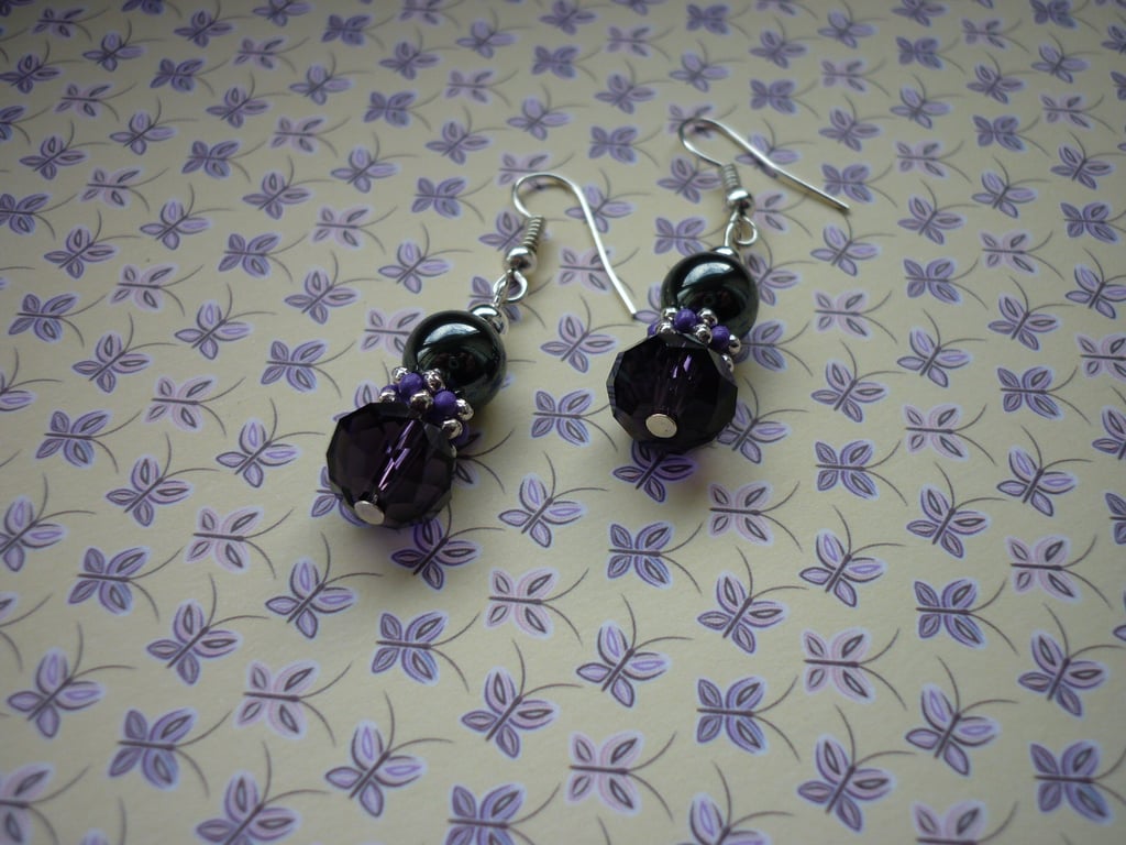 PURPLE, HEMATITE AND SILVER EARRINGS.  998