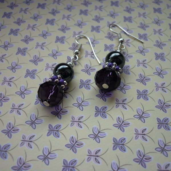 PURPLE, HEMATITE AND SILVER EARRINGS.  998