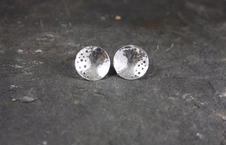 Handmade Hammered Silver Circular Studs with Drilled Hole Pattern