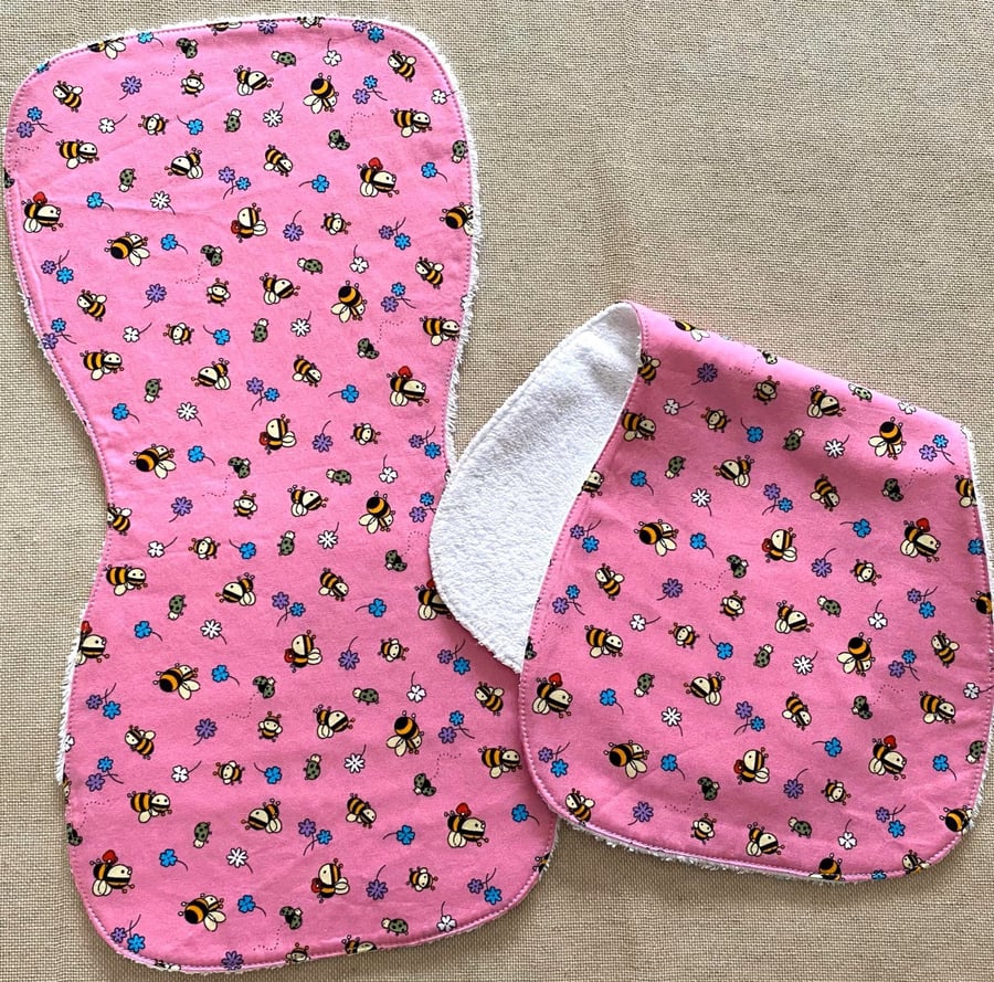 Handmade baby burp cloth cotton terry pink bees