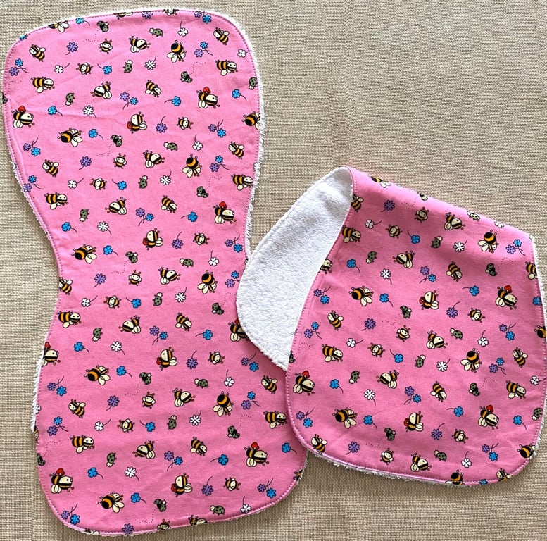 Handmade baby burp cloth cotton terry pink bees