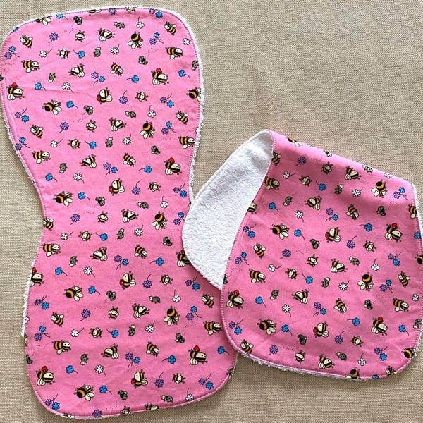 Handmade baby burp cloth cotton terry pink bees