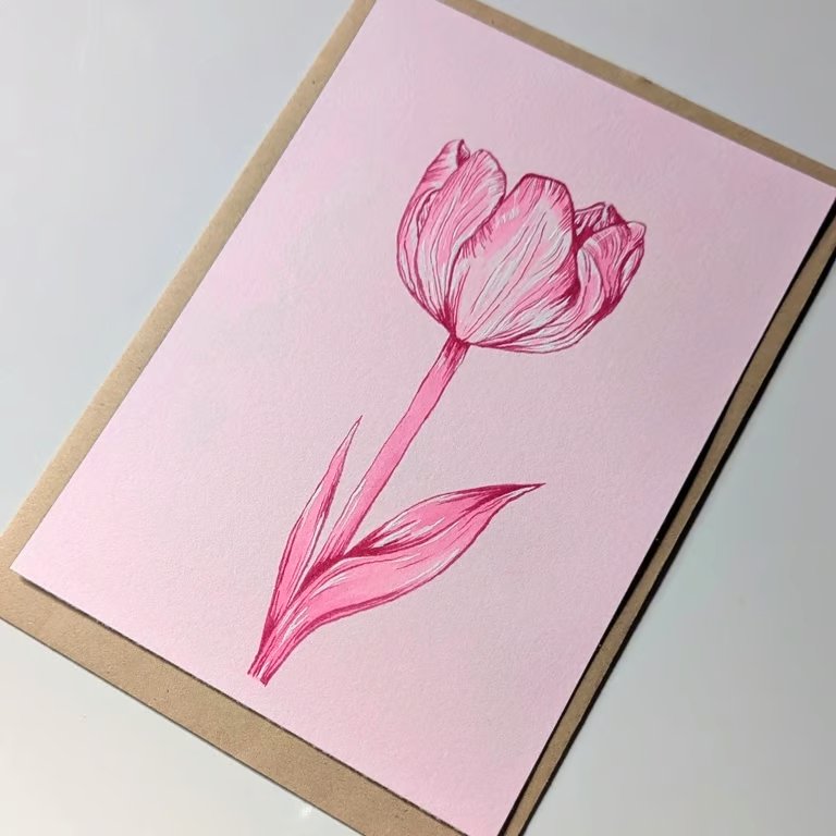 Original Pink Tulip Flower Hand Painted Ink Illustration A6