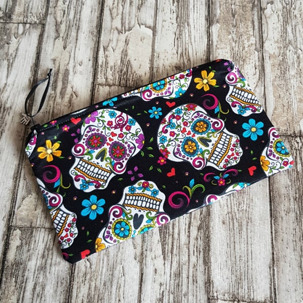 Sugar Skull Zipper Pouch - Colourful Skull Multi Use Zippered Organiser